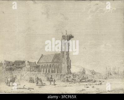 Tour effondrée à Egmond aan Zee, 1741, estampe, Vue de la tour effondrée à Egmond aan Zee, le 27 novembre 1741. Débris et spectateurs sur la plage., graveur : Jan Vincentsz. van der Vinne, d'après l'estampe d'Adriaan Spinder, 1741 - 1791, Adriaan Spinder, d'après l'estampe par, papier, gravure, hauteur 183 mm x largeur 243 mm, ruine d'un bâtiment, architecture, Egmond aan Zee, Période, 1741-11-27., Une scène gravée détaillée montre une haute tour en pierre partiellement en ruine avec une plateforme d'observation s'élevant au-dessus d'un long bâtiment à toit en croupe, une rangée de petites maisons adjacentes avec des toits pentus, et une ligne de côte avec Banque D'Images
