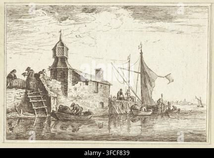Vue sur la rivière avec des bateaux, impression, Un voilier et des barques sont amarrés à un quai et à un bâtiment avec une tourelle., graveur : Bernhard Schreuder, Pays-Bas, 1767 - 1780, papier, gravure, hauteur 92 mm x largeur 134 mm, barque, canoë, rivière., Une gravure montrant une scène de front de mer avec un bâtiment en pierre surmonté d'une petite tour en forme de lanterne, un quai en bois s'étendant du bâtiment, et plusieurs petits bateaux amarrés à côté ; un groupe de personnes se tient et s'assoit sur le quai et dans les bateaux, certains maniant des voiles et des cordages tandis que d'autres déplacent des tonneaux et des cargaisons ; un grand mât avec une voile gonflée s'élève près de Banque D'Images