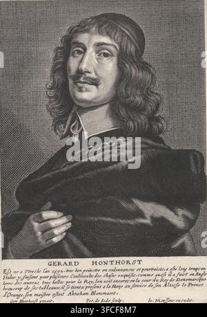 Portrait de Gerard Honthorst, gravure, Portrait en buste de l'artiste Gerard Honthorst, avec calotte. Dans la marge, le nom du modèle et une légende de cinq lignes en français., inscription : '280', inscription : '816', graveur : Pieter de Jode (II), Anvers, d'après une peinture de Gerard van Honthorst, éditeur : Joannes Meyssens, 1628 - 1670, papier, gravure, eau-forte, gravure et eau-forte, hauteur 166 mm x largeur 114 mm, Person., Un portrait gravé en noir et blanc d'un homme montré de la poitrine vers le haut, légèrement tourné vers la gauche, avec des cheveux ondulés jusqu'aux épaules et une petite moustache et une barbichette ; il porte un Banque D'Images