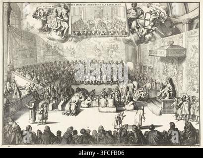 Session de la Chambre des communes avec le roi George II sur le trône, 1727, impression, probablement à l'occasion de son accession au trône en 1727. À droite, le roi sur le trône face aux membres de la Chambre des communes et aux clercs. Tous les murs recouverts de tapisseries. Au-dessus, une cartouche avec une image titrée : La Maison d'Angleterre. De chaque côté, des figures allégoriques avec les armoiries d'Angleterre. L'explication des chiffres et des lettres dans les illustrations est manquante., graveur : Romeyn de Hooghe, Pays-Bas du Nord, éditeur : Covens & Mortier, 1689, papier, eau-forte, gravure, eau-forte et Banque D'Images