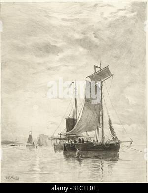Bateaux de pêche ancrés au lever du soleil, Le Matin, estampe, Bateaux de pêche ancrés avec les voiles ferlées au lever du soleil. Sur la marge inférieure, une remarque avec une couronne et un poisson., graveur : Carel Lodewijk Dake (signé par l'artiste), d'après une peinture de Hendrik Willem Mesdag, 1867 - 1918, matériau inorganique, papier, chine collé, craie, eau-forte, pointe-sèche, épreuve d'eau-forte, pointe-sèche et craie noire sur chine collé, hauteur 592 mm x largeur 478 mm, voilier, bateau à voile, pêche maritime et côtière., Une esquisse en niveaux de gris d'une mer calme avec un grand voilier au premier plan, son grand mât et sa voile incurvée Banque D'Images