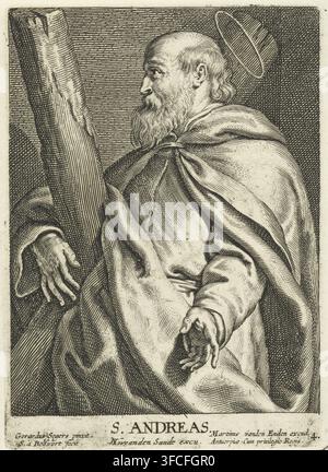 Saint André avec croix, Saint André, Christ, Paul et douze apôtres, estampe, numéro de série, 4, 14, graveur : Schelte Adamsz. Bolswert, d'après une peinture de Gerard Seghers, éditeur : Martinus van den Enden (I), éditeur : Joannes van den Sande, 1596 - 1659, inconnu, fournisseur de privilège, papier, gravure, gravure, hauteur 128 mm x largeur 92 mm., Une gravure détaillée en noir et blanc d'un homme barbu âgé montré de profil à partir de la taille, tourné vers la gauche et tenant une grande poutre verticale en bois d'une main tandis que l'autre main est étendue vers l'extérieur ; il porte une cape volumineuse avec des plis profonds Banque D'Images