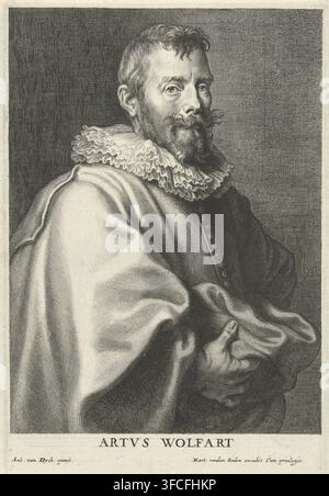 Portrait du peintre Artus Wolfaerts, estampe, graveur : Cornelis Galle (I), Sud des Pays-Bas, d'après une peinture d'Anthony van Dyck, éditeur : Martinus van den Enden (I), Anvers, c. 1630 - c. 1654, inconnu, concessionnaire du privilège, papier, gravure, gravure, hauteur 248 mm x largeur 170 mm, Person, Artus Wolfaerts, portrait, autoportrait du peintre., Un portrait gravé en noir et blanc d'un homme montré de la taille vers le haut, légèrement tourné vers la droite, avec des cheveux courts et ondulés, une moustache aux extrémités bouclées et une barbe fournie. Il porte une cape volumineuse et drapée avec des plis visibles et une texture, Banque D'Images