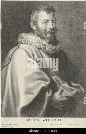Portrait du peintre Artus Wolfaerts, estampe, graveur : Cornelis Galle (I), Sud des Pays-Bas, graveur : Schelte Adamsz. Bolswert, d'après une peinture d'Anthony van Dyck, éditeur : Martinus van den Enden (I), Anvers, c. 1630 - c. 1654, inconnu, concessionnaire du privilège, papier, gravure, hauteur 244 mm x largeur 185 mm, Person, Artus Wolfaerts, portrait, autoportrait du peintre., Un portrait gravé en noir et blanc d'un homme montré de la taille vers le haut, légèrement tourné vers sa gauche, avec une barbe courte et une moustache bouclée, des cheveux courts et ondulés, et une expression faciale composée ; il porte un volumineux Banque D'Images