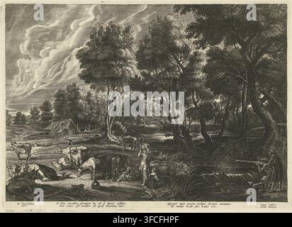 Paysage avec laitières, vaches et chasseurs, estampe, Paysage avec des laitières trayant des vaches près d’un ruisseau où un chasseur tire sur des canards. Sous l’image se trouve un vers en latin., graveur, d’après une estampe par, d’après une peinture par, éditeur, Anvers, Peter Paul Rubens, Schelte Adamsz. Bolswert, papier, gravure, hauteur 323 mm x largeur 450 mm, traite, vache, chasseur, laitière., Une scène monochrome détaillée montre une rive riveraine boisée avec un groupe de grands arbres au premier plan et à l’arrière-plan, leurs troncs torsadés et leurs canopées feuillues se chevauchant. Dans la zone ouverte près de l’eau, un troupeau de bovins se tient, se couche Banque D'Images