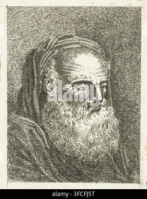 Buste d'un vieil homme à la barbe blanche, estampe, graveur : Anthonie van den Bos, Pays-Bas, 1778 - 1838, papier, gravure à l'eau-forte, hauteur 120 mm x largeur 85 mm, vieil homme (+ vue en trois-quarts). Un dessin à l'encre détaillé d'un homme âgé montré de la poitrine vers le haut, portant un vêtement à capuche avec des plis superposés ; il a une longue barbe bien fournie et des cheveux bouclés serrés aux tempes, un front haut, les yeux fermés et un nez proéminent, le tout rendu avec un hachurage dense et des lignes fines sur un fond texturé de traits entrecroisés. Banque D'Images