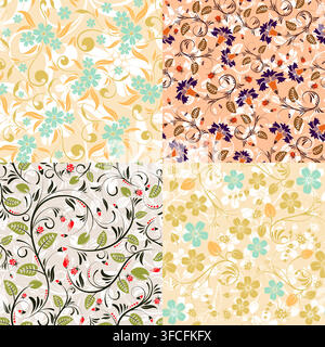 4 motifs sans couture de fleurs avec coccinelle. Modèle vectoriel pour couverture, dépliant, brochure, carte de voeux. Illustration de Vecteur