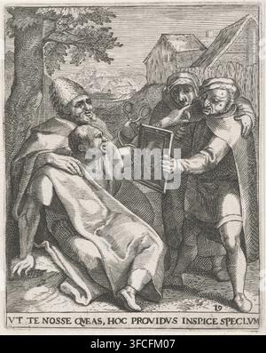 VT TE NOSSE QUEAS, HOC PROVIDVS INSPICE SPECLVM, Un miroir est tenu devant un homme (Beziet u zelve), Emblemata Saecularia, 1596, estampe, illustration de livre, reconnaissance, numéro de série, 19, 50, Deux hommes sont assis l’un à côté de l’autre sur le sol. Celui de gauche tient une paire de lunettes à la main. Celui de droite montre un homme debout devant lui qui lui tient un miroir. À côté de l’homme avec le miroir se tient une vieille femme. Illustration du dicton 'Besiet uselve', regarde tes propres défauts avant d’accuser quelqu’un d’autre. Emblème no. 19 dans Emblemata Saecularia, 1596 et no. 40 dans Banque D'Images