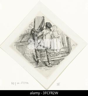 Musicien de rue avec orgue de barbarie, estampe, Un musicien de rue avec un orgue de barbarie joue pour une fille sur un escalier., graveur : Jacobus Ludovicus Cornet, Leiden, 1825 - 1882, papier, gravure, épreuve d'impression, largeur 98 mm x hauteur 92 mm, musique populaire, musique de rue, joueur d'orgue de barbarie - CC - en plein air., Un dessin en noir et blanc montre deux enfants debout sur un rebord de brique ; un enfant regarde à l'opposé portant une casquette, une veste ample avec une sangle en travers de la poitrine, et un pantalon rayé tout en montant, et l'autre enfant regarde vers l'avant portant une robe simple et souriant. Un tissu drapé recouvre un grand Banque D'Images