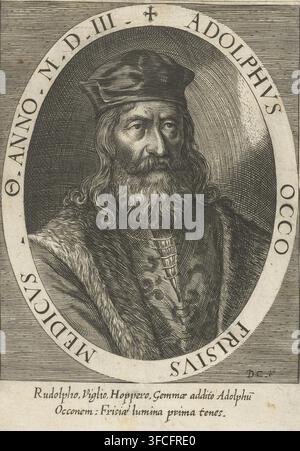 Portrait du médecin frison Adolph Occo, gravure, graveur : Dominicus Custos, Augsbourg, 1590 - 1615, Bavière, papier, gravure, hauteur 165 mm x largeur 115 mm, Person, Adolph Occo (III). Un portrait gravé monochrome d'un homme âgé montré de la poitrine vers le haut à l'intérieur d'un cadre ovale, portant une casquette souple et une cape à bordure de fourrure ; il a des cheveux longs et ondulés, une moustache pleine et bouclée et une longue barbe ondulée avec un ombrage de lignes complexes, et son expression est neutre avec des yeux regardant légèrement sur le côté ; le fond à l'intérieur de l'ovale est densément hachuré croisé tandis que la bordure environnante montre des lignes horizontales Banque D'Images