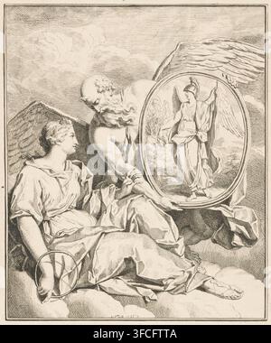 Scène allégorique avec le Père Temps montrant à la personnification de l'éternité une plaque de Minerve, gravure, graveur : Louis Fabritius Dubourg, Amsterdam, 1725, papier, eau-forte, hauteur 233 mm x largeur 193 mm, Père Temps, homme ailé avec une faux, (histoire de) Minerve (Pallas, Athéna), serpent Ouroboros, Éternité, 'Aeternitas', 'Eternità', 'Eternità o Perpetuità' (Ripa). Une gravure en traits noir et blanc finement détaillée montre deux figures ailées assises drapées dans des vêtements fluides, l'une paraissant juvénile avec des cheveux doucement bouclés et l'autre plus âgée avec une longue barbe et des cheveux fluides ; la figure plus jeune Banque D'Images