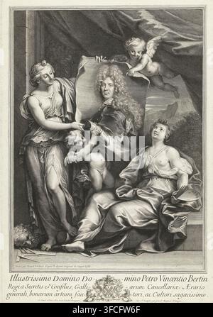 Portrait de Pierre Vincent Bertin, estampe, Deux femmes en tant que personnifications de la peinture et de la sculpture, accompagnées de deux putti, déroulent un portrait de Pierre Vincent Bertin (1653-1711). En marge, trois lignes en latin, entre lesquelles se trouve un blason avec deux lions., graveur : Gerard Edelinck, Paris, d'après un dessin de Noël-Nicolas Coypel, France, d'après une peinture de Nicolas de Largillière, éditeur : Jan van der Bruggen, concédant du privilège : Louis XIV (roi de France), 1700 - 1707, papier, gravure, hauteur 555 mm x largeur 350 mm, Personnage, Pierre Vincent Bertin, 'Pictura', symbolique Banque D'Images