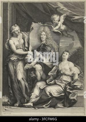 Portrait de Pierre Vincent Bertin, gravure, Deux femmes comme personnifications de la peinture et de la sculpture, accompagnées de deux putti, déroulent un portrait de Pierre Vincent Bertin (1653-1711)., graveur : Gerard Edelinck, Paris, d'après un dessin de Noël-Nicolas Coypel, France, d'après une peinture de Nicolas de Largillière, concessionnaire du privilège : Louis XIV (roi de France), 1700 - 1707, papier, gravure, hauteur 555 mm x largeur 350 mm, Personnage, Pierre Vincent Bertin, 'Pictura', représentations symboliques, allégories et emblèmes, peinture, 'Pittura' (Ripa), 'Sculptura', sculpture, 'Scoltura' (Ripa)., Un détaillé Banque D'Images