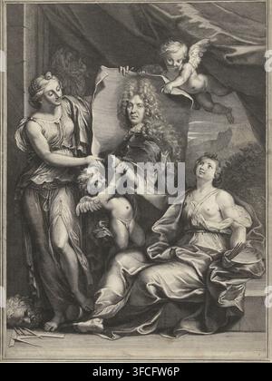 Portrait de Pierre Vincent Bertin, estampe, Deux femmes en tant que personnifications de la peinture et de la sculpture, accompagnées de deux putti, déroulent un portrait de Pierre Vincent Bertin (1653-1711), graveur : Gerard Edelinck, France, d'après un dessin de Noël-Nicolas Coypel, 1700 - 1707, papier, gravure, hauteur 444 mm x largeur 329 mm, Personne, Pierre Vincent Bertin, 'Pictura', représentations symboliques, allégories et emblèmes, peinture, 'Pittura' (Ripa), 'Sculptura', allégories et emblèmes emblèmes, sculpture, 'Scoltura' (Ripa)., Une gravure détaillée en noir et blanc montre une figure masculine centrale avec une longue Banque D'Images