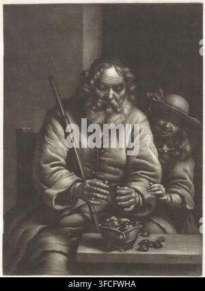 Un homme âgé à la longue barbe et aux cheveux bouclés est assis, tenant un long bâton et un objet rond dans ses mains, vêtu d'une ample pièce boutonnée avec des plis et des manches visibles, tandis qu'un enfant souriant aux cheveux longs et au large chapeau se penche près de lui, une main reposant près du bras de l'homme ; un petit récipient ouvert contenant une matière texturée et quelques objets arrondis est posé sur un banc devant eux, et la scène est rendue dans un style monochrome à contraste élevé avec un ombrage doux et un fond sombre. Banque D'Images