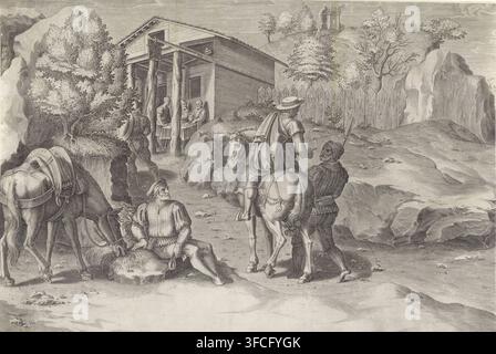Une gravure monochrome détaillée montre une scène rurale avec un bâtiment simple doté d'un porche soutenu par des poteaux en bois rugueux et d'un toit en croupe ; un groupe de personnes se tient sous le porche autour d'une table tandis qu'une silhouette regarde depuis une fenêtre supérieure. Au premier plan, plusieurs hommes et chevaux occupent un chemin rocailleux et inégal : un homme est assis sur un rocher avec un chapeau à ses pieds près d'un cheval au repos, un autre homme se tient debout tenant une lance et fait face à un cavalier monté portant un chapeau à larges bords et une cape ; un deuxième cheval broute avec harnachement et selle. À gauche, un grand arbre pousse à côté d'une falaise, et à droite un Banque D'Images