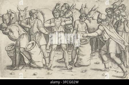 Une scène gravée en noir et blanc détaillée montre un groupe de personnes et plusieurs animaux disposés à travers l'image. Au premier plan, quelques hommes se tiennent dans diverses poses, portant des tuniques et des chaussures simples, avec une figure centrale pieds nus et un autre se penchant en avant pour couvrir son visage. Plusieurs grands sacs ou besaces sont placés près de leurs pieds. Derrière eux, un groupe d'animaux aux longues oreilles, probablement des ânes, forment une ligne avec leurs têtes tournées vers les personnages. À droite, un groupe d'hommes avec des couvre-chefs et des manteaux plus élaborés interagissent avec les personnages centraux, l'un tendant un bras vers eux. Visages Banque D'Images