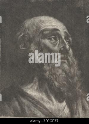 Buste d'un vieil homme barbu, impression, graveur : Jan Verkolje (I), Delft, 1660 - 1693, papier, mezzotinte, hauteur 110 mm x largeur 82 mm, barbe. Un dessin en niveaux de gris d'un homme âgé montré des épaules vers le haut, légèrement tourné sur le côté et regardant vers le haut, avec une ligne de cheveux reculée, des cheveux légèrement bouclés sur les côtés, des yeux enfoncés et un front plissé, une longue barbe texturée et une moustache, et un tissu drapé sur les épaules, le tout rendu avec un doux ombrage sur un fond sombre. Banque D'Images