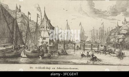 Vue de la Geldersekade et du Schreierstoren à Amsterdam, De Gelderse-kaÿ en Schreiers-tooren, Verscheyde Schepen en Gesichten van Amstelredam, verschillen schepen en stadjeen van Amsterdam, tweede deel, gravure, Numéro de série, b8, 12, De Gelderse Kade, la Schreierstoren et le pont sur l'eau. De nombreux navires sur l'eau., Graveur : Reinier Nooms, Pays-Bas, Éditeur : Cornelis Danckerts (I) (peut-être), 1652 - 1654, papier, gravure à l'eau-forte, pointe-sèche, gravure à l'eau-forte et pointe-sèche sur papier fin, hauteur 138 mm x largeur 249 mm, Amsterdam, Schreierstoren, Geldersekade (Amsterdam)., Une vaste scène riveraine représentée Banque D'Images