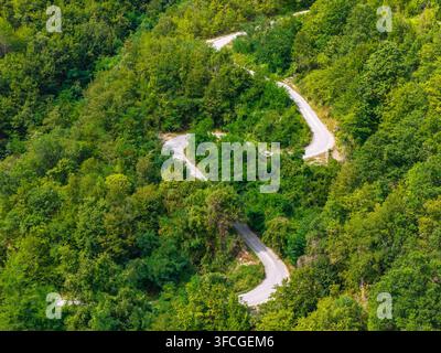 Vue aérienne d'une route sinueuse à travers la forêt dense et verte du parc national de Mavrovo, Mavrovo, municipalité de Mavro, Macédoine du Nord. Banque D'Images