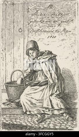 Femme assise avec un panier et une assiette, 12 figures d'étude, impression, Une femme avec une assiette sur les genoux, assise sur le seuil d'une porte devant une porte. Impression d'une série de douze impressions avec des études de figures humaines., graveur : Anthonie Willem Hendrik Nolthenius de Man, Nimègue, La Haye, 1828, papier, gravure, épreuve d'impression, hauteur 112 mm x largeur 61 mm, figure assise - AA - figure humaine féminine, récipient en matériau végétal autre que le bois : panier, plat, assiette, soucoupe., Une gravure monochrome représente une femme assise portant une coiffe et une cape avec un grand col, sa tête légèrement inclinée et les yeux Banque D'Images