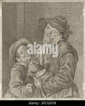Le joueur de pot en désordre, estampe, graveur : Pieter de Mare, Leiden, d'après une peinture de Frans Hals, 1768 - 1796, papier, eau-forte, épreuve, hauteur 330 mm, largeur 275 mm, instruments de musique improvisés : pot grondant, une personne jouant d'un instrument à vent., Une gravure monochrome détaillée montrant une vue rapprochée de deux hommes âgés portant des chapeaux à larges bords et des vêtements amples et boutonnés ; un homme a une barbe et est légèrement tourné vers le spectateur avec une expression souriante tandis que l'autre se penche à côté de lui, également souriant ; leurs mains sont visibles, l'une tenant un objet en forme de fuseau et l'autre soutenant une ronde Banque D'Images