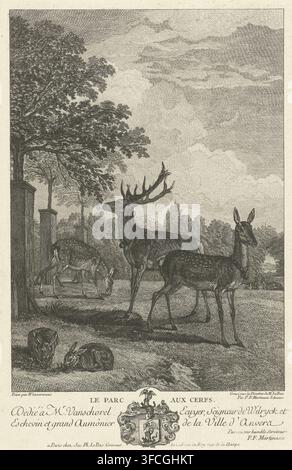 Le Parc aux Cerfs, Hertenpark, impression, graveur : Pieter Franciscus Martenasie, Anvers, d'après une peinture de Philips Wouwerman, supervision : Jacques-Philippe Le Bas, Paris, dédié à : Vanschorel, dédié à : seigneur de Wilryck, 1739 - 1789, papier, gravure, hauteur 273 mm x largeur 188 mm, rongeurs : lapin, animaux à sabots : cerfs., Une gravure monochrome détaillée montrant une scène de parc boisé avec un groupe de cerfs au premier plan et au plan moyen. Un cerf avec de grandes cornes ramifiées se tient près de deux biches, l'une face à l'avant et l'autre en train de brouter, tandis qu'un autre cerf tacheté broute plus loin parmi les arbres. Banque D'Images