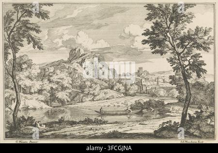 Paysage avec des figures dans un bateau à rames, paysages arcadiens, estampe, Paysage avec un lac et des montagnes et une ville en arrière-plan. Sur le lac deux bateaux avec des figures., graveur : Isaac de Moucheron, Amsterdam, d'après une peinture de Gaspard Dughet, Rome, 1697 - 1744, papier, eau-forte, gravure, eau-forte et gravure, hauteur 169 mm x largeur 255 mm, pastorales, scènes arcadiennes, bateau à rames, canoë, lac., Une vaste scène de paysage rendue en traits noirs fins montre une rivière calme au premier plan avec quelques petits bateaux à rames, chacun portant une personne, et un plus grand bateau plat avec une personne debout; Banque D'Images