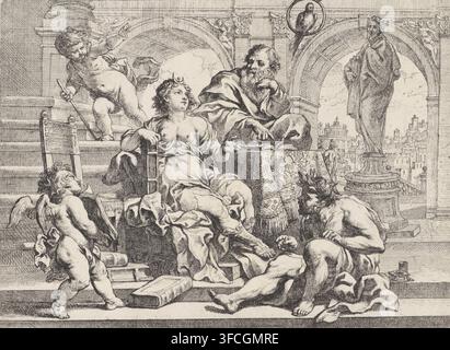 Dialectica, Les Sept Arts Libéraux, estampe, Un vieil homme et la Logique, entourés de livres, sont en conversation. À leurs pieds se tient un homme écrivant. Un putto tient un livre. On voit également dans la pièce une statue d’Aristote et un perroquet dans un anneau. Graveur : Cornelis Schut (I), 1618 - 1655, papier, eau-forte, gravure, eau-forte et gravure, hauteur 252 mm, largeur 325 mm, oiseaux ornementaux : perroquet, 'Dialectica' (, trivium), 'Dialettica' (Ripa), Aristote - portrait d’une personne de l’histoire classique (+ en pleine longueur). Une gravure détaillée en noir et blanc montre un cadre architectural classique avec un groupe Banque D'Images