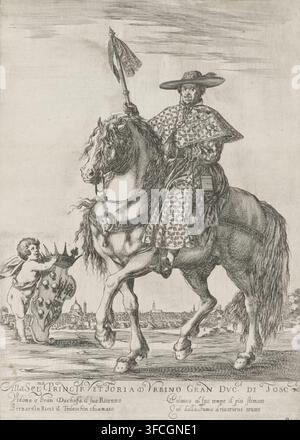 Portrait de Bernardino Ricci à cheval, gravure, graveur : Stefano della Bella, Italie, 1620 - 1664, papier, eau-forte, hauteur 356 mm x largeur 252 mm, Personnage, Bernardino Ricci, portrait équestre., Une scène gravée montrant un homme monté portant des vêtements à motifs et un chapeau à larges bords chevauchant un grand cheval ; le cavalier tient un bâton à franges et porte une cape avec un motif répétitif, et le cheval a une longue crinière fluide, un harnais décoratif et une texture musculaire et capillaire visible ; un petit enfant putto se tient près des pattes avant du cheval tenant un bouclier surdimensionné orné surmonté d'une couronne ; un Banque D'Images