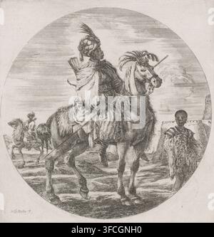 Homme sombre portant un turban et un fusil à cheval, à droite un esclave (titre antérieur), homme africain portant un turban et un fusil à cheval, à droite un garçon esclave, Hommes à cheval, gravure, sur son dos il porte un arc et des flèches. À sa droite un garçon africain esclave, derrière lui un mur avec créneaux. Derrière lui à gauche un autre cavalier., graveur : Stefano della Bella, 1620 - 1664, papier, eau-forte, hauteur 190 mm x largeur 180 mm., Une gravure détaillée en noir et blanc montre une personne portant une cape ample et un turban à plumes assise sur un grand cheval, tous deux rendus avec un travail de ligne fin ; le cavalier Banque D'Images