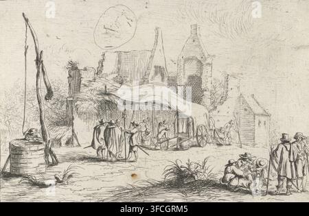 Puits et une tente près d'une ruine, Divers campements, gravure, Plusieurs groupes de soldats près d'un puits et d'un abri près d'une ruine., graveur : Robert van den Hoecke, éditeur : Frans van den Wijngaerde, Anvers, 1632 - 1679, papier, eau-forte, hauteur 93 mm x largeur 134 mm, le soldat hors service, puits, ruine d'une habitation, maison, château., Une scène esquissée montre un groupe de personnes rassemblées autour d'une charrette couverte près de bâtiments en pierre en ruine et d'une structure voûtée haute, avec plusieurs personnages debout et conversant, certains portant des capes et des chapeaux et l'un s'appuyant sur un long bâton. À gauche, une personne est assise près d'un rond Banque D'Images
