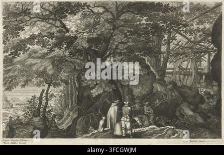 Fleuve avec des rochers et un moulin à eau, Huit paysages en Bohême, gravure, fleuve avec des rochers. Au premier plan, des voyageurs à pied et à cheval. Au deuxième plan à droite, un moulin à eau. La troisième gravure d'une série de huit pièces avec des paysages en Bohême, graveur : Aegidius Sadeler (II), d'après un dessin de Pieter Stevens (II), Prague, éditeur : Marcus Sadeler, Venise, 1597 - 1629, 1624 - c. 1650, papier, aquatinte, gravure, gravure et aquatinte, hauteur 240 mm x largeur 368 mm, 'en route', voyageur en chemin, fleuve (+ paysage avec figures, staffage), moulin à eau, Bohême., Une gravure monochrome détaillée Banque D'Images