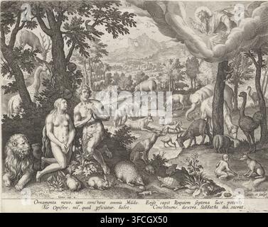 Dieu le Père bénit Adam, Ève et les animaux, Création du monde, gravure, Numéro de série, 7, Dieu le Père dans les nuages. Il bénit Adam, Ève et les animaux dans le jardin d'Éden. La gravure porte une légende latine., numéro : '19', graveur : Johann Sadeler (I), Munich (peut-être), d'après un dessin de Maerten de Vos, Anvers, 1588 - 1600, écrivain (employé de bureau), Bavière, papier, gravure, gravure, hauteur 197 mm x largeur 248 mm, Dieu bénit Adam et Ève, institution du mariage, création de l'homme, le jardin d'Éden (Genèse 1:26 - 2), Dieu le Père représenté comme un vieil homme barbu, généralement avec une couronne ou un diadème Banque D'Images