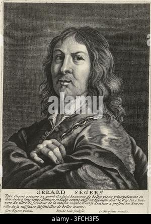 Portrait de Gerard Seghers, impression, Portrait en buste de Gerard Seghers. Il porte une chaîne autour du cou et a les bras croisés. Dans la marge, le nom du modèle et une légende de quatre lignes en français., graveur : Pieter de Jode (II), Anvers, d'après une peinture de Gerard Seghers, éditeur : Joannes Meyssens, 1628 - 1670, papier, gravure, eau-forte, gravure et eau-forte, hauteur 163 mm x largeur 113 mm, Person, collier (+ vêtements d'homme)., Un portrait gravé monochrome d'un homme montré de la poitrine vers le haut, légèrement tourné sur le côté avec les bras croisés visibles devant lui. Il a de longs cheveux ondulés qui Banque D'Images