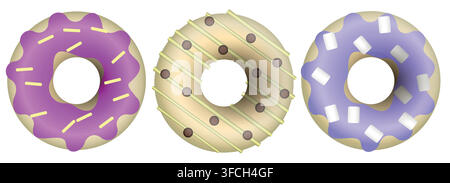 kawaii Jolis donuts pastel Desserts d'été mignons cartoon avec différents types isolés sur fond blanc pour café ou restaurant. illustration Vector. Illustration de Vecteur