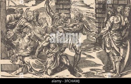 Samson combat avec des soldats philistéens, estampe, Le Samson chauve au combat avec des soldats philistéens, après que ses cheveux ont été coupés. À gauche, Dalila avec une grande paire de ciseaux et les cheveux de Samson dans ses mains., graveur : Titien, Venise, buriniste : attribué à Nicolò Boldrini, Italie, vers 1540 - vers 1545, Titien, Nicolò Boldrini, graveur, buriniste, Attribué à, papier, gravure sur bois, hauteur 306 mm x largeur 500 mm, Samson est tourmenté par les Philistins, Dalila est payée., Une gravure monochrome détaillée montre une scène encombrée avec de nombreuses figures musclées portant des vêtements classiques rassemblées Banque D'Images