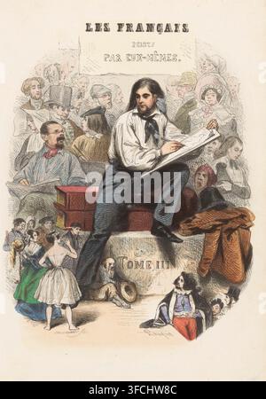 Artiste dessinateur, Page de titre pour : Les Français peints par eux-mêmes, 1841, imprimé, page de titre, Un artiste travaille sur une esquisse, assis sur deux grands livres et une pierre. Il est entouré de personnages, dont certains sont en costumes historiques., graveur : Eugène Guillaumot, d'après un dessin de Hippolyte Louis Emile Pauquet, éditeur : Léon Curmer, Paris, papier, gravure sur bois, coloriage à la main, colorié à la main, hauteur 241 mm x largeur 163 mm, livre, artiste (en général) réalisant des dessins préliminaires, esquisser, costume historique., Une illustration colorée montre un homme barbu assis sur une plateforme surélevée tenant un Banque D'Images