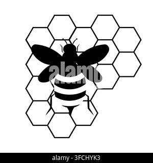 Illustration de silhouette d'abeille en noir et blanc combinée à un motif géométrique d'alvéole hexagonale. Design moderne minimaliste adapté pour logo, branding Illustration de Vecteur