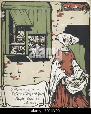Publicité pour l'Imprimerie De Vos & Van der Groen d'Anvers, impression, Une femme en tenue médiévale se tient devant la porte d'une maison avec un paquet de livres et d'estampes à la main. Par une fenêtre, l'intérieur est visible avec une presse à imprimer à gauche et un homme derrière une table devant une bibliothèque à droite. Un renard est situé dans une niche au-dessus de la porte., d'après un dessinateur inconnu, imprimeur (personne) : De Vos & Van der Groen (peut-être), Anvers, 1897 - 1925, graveur, imprimeur (personne), papier, lithographie couleur, kleurenlithografie, hauteur 308 mm x largeur 256 mm, presse à imprimer., A Banque D'Images