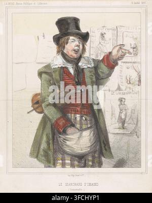 Le marchand d'images (Singer), Vendeur d'estampes avec un violon sous le bras, estampe, imprimeur (personne) : Rigo, Lebref & Cie, J., Paris, 1847-07-05, graveur, imprimeur (personne), papier, lithographie, coloration à la main, coloré à la main, hauteur 262 mm x largeur 202 mm., Une lithographie colorée en demi-longueur d'un homme debout et gesticulant de la main droite, portant un haut chapeau noir et une veste verte à larges revers et aux manchettes rouges, une veste rouge visible en dessous, un col blanc à volants et une écharpe sombre au cou ; son visage est rougi avec une bouche ouverte et des cheveux roux bruns ébouriffés dépassant sous le chapeau ; a Banque D'Images