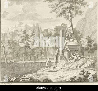 Paysage arcadique, estampe, Paysage montagneux avec une ville en arrière-plan. Le long d'un lac, un homme avec un chien marche vers deux femmes et un homme reposant. Sur une plateforme surélevée se trouve une tombe avec un buste et une femme de chaque côté., graveur : Michiel Elgersma, Pays-Bas, d'après un dessin de Louis Fabritius Dubourg, Amsterdam, 1721 - 1759, papier, gravure à l'eau-forte, hauteur 261 mm x largeur 305 mm, pastorales, scènes arcadiques., Une gravure monochrome détaillée montre un paysage riverain avec de grands arbres et des montagnes lointaines sous un ciel nuageux, une architecture classique en ruine comprenant une grande colonne cannelée et une Banque D'Images
