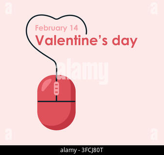 Souris d'ordinateur pour la Saint-Valentin, câble en forme de cœur. Carte de vœux pour informaticien, programmeur avec texte 14 février. Contrôleur rouge avec câble, molette. matériel, t Illustration de Vecteur