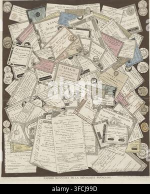 Papiers Monnoies de la République Française, impression, papiers monnaie français et monnaies françaises sur les côtés droit et gauche., graveur : Joseph Hunin, Malines, 1780 - 1851, papier, eau-forte, gravure, coloriage à la main, eau-forte et gravure en brun et noir, colorié à la main, hauteur 563 mm x largeur 466 mm, pièce de monnaie, billet., Un collage densément stratifié de documents papier et certificats dispersés sur un fond sombre, montrant une variété de pièces rectangulaires et circulaires en papier se chevauchant à différents angles ; de nombreux papiers ont des bordures ornées, des vignettes décoratives, des sceaux et de petites Banque D'Images