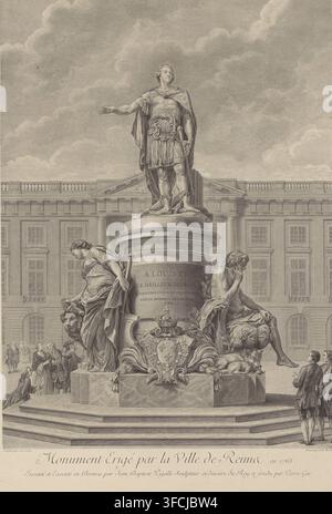 Monument érigé par la ville de Reims en 1765, Monument à Louis Moitte, Charles Nicolas Cochin (II), Jean Baptiste Pigalle, graveur, d'après un dessin de, d'après une sculpture de, France, papier, eau-forte, gravure, hauteur 774 mm x largeur 538 mm, Personne, Louis XV de France, personnes historiques, monument, statue, Reims. Une gravure détaillée montre une grande statue classique d'une figure masculine vêtue, debout sur un haut piédestal circulaire devant une façade de bâtiment ornée avec des rangées de fenêtres et de colonnes ; la statue porte des vêtements drapés et une armure et tend un bras vers l'extérieur, tandis qu'en dessous du piédestal deux Banque D'Images