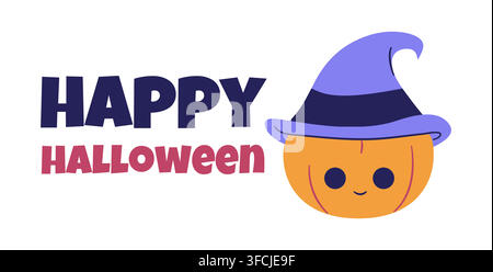 Citrouille en chapeau de sorcière Happy Halloween. Carte pour une fête effrayante. Personnage mignon souriant. Légume orange. Attribut magique. Vœux. Bannière pour une fête effrayante Illustration de Vecteur