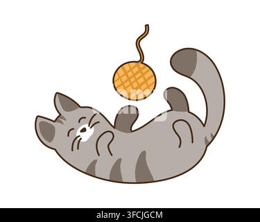 Chat domestique joue avec une boule de fil. Mignon animal gris rayé allongé. Kawaii animal joyeux s'amusant. Pour autocollants. Style doodle. Isolé sur Illustration de Vecteur