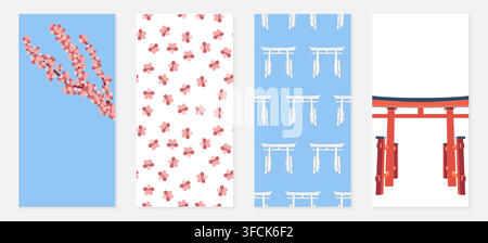 Ensemble d'affiches japonaises – Sakura, Porte Torii. Collection de bannières pour les réseaux sociaux. Motif avec fleurs roses, branches botaniques. La religieuse japonaise Illustration de Vecteur