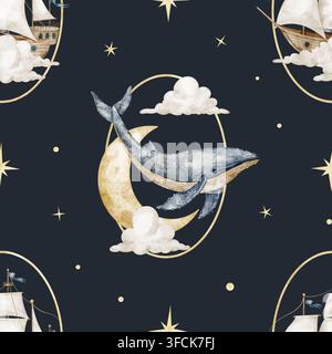 Motif sans couture aquarellé avec baleine et bateau à voile sur fond bleu foncé. Répétition bébé océan avec croissant de lune et voilier dans les nuages pour Banque D'Images