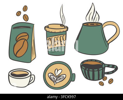 Ensemble d’éléments mignons de gribouillage de café – tasses, emballages de grains de café et latte art. Kit de différentes tasses avec boisson chaude. Atmosphère chaleureuse d’un café. Barista Illustration de Vecteur